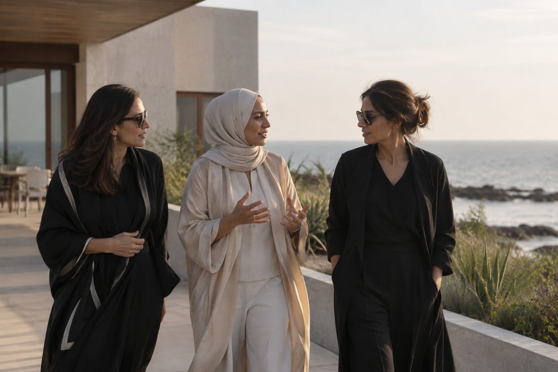 Three women in conversation on the seafront terrace at Khoj Allana