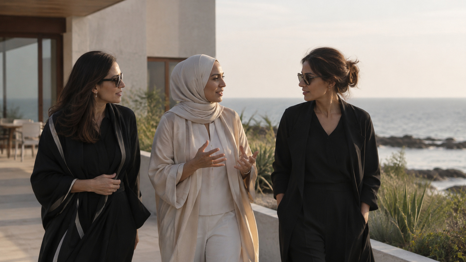 Three women in conversation on the seafront terrace at Khoj Allana