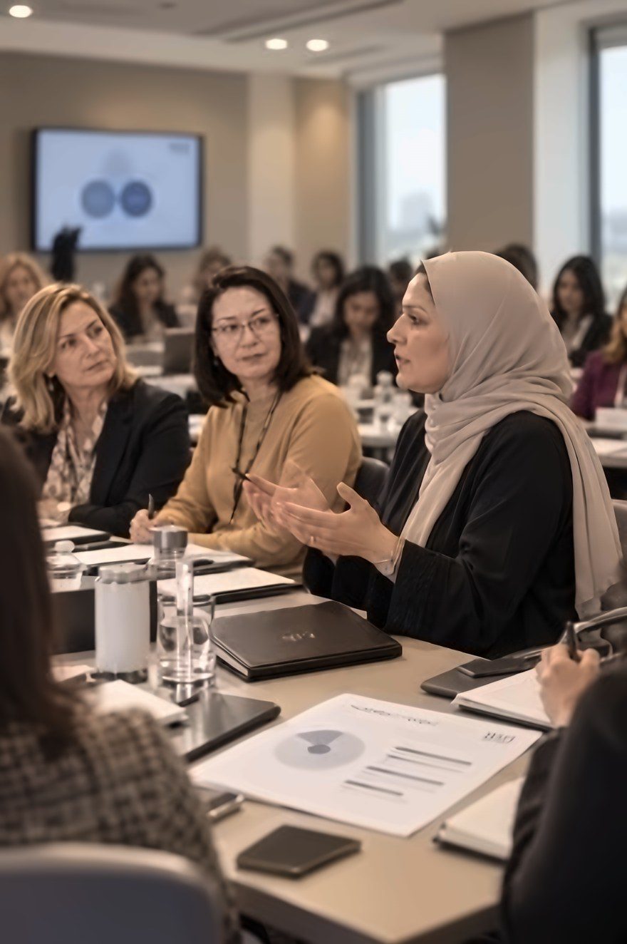 An executive woman making her point at the boardroom table