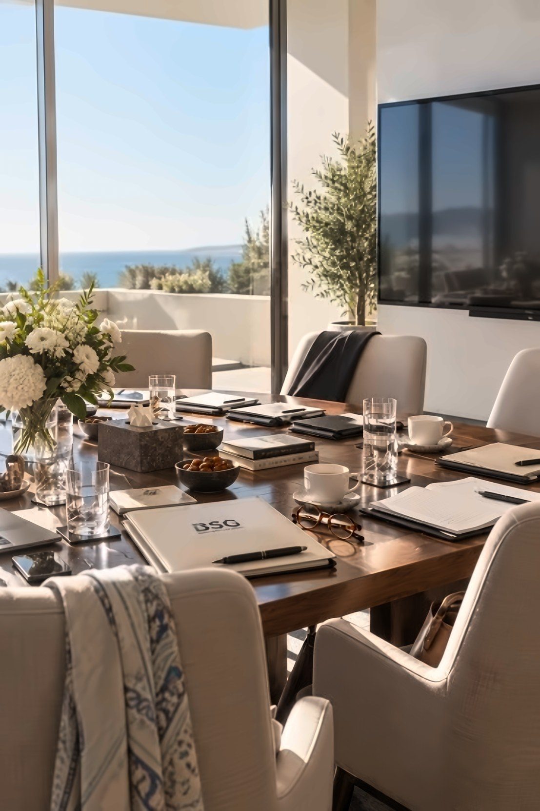 The residency table at Khoj Allana, set for a working session overlooking the sea