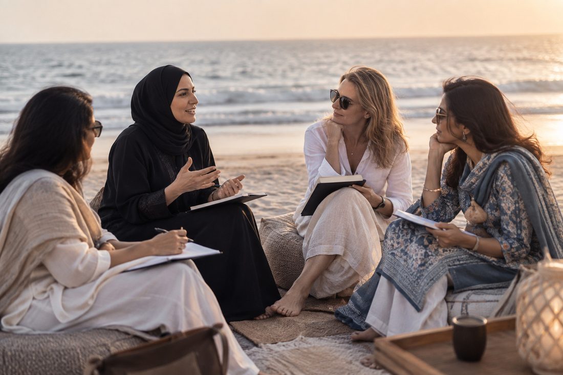 Four women in discussion on the beach at Khoj Allana